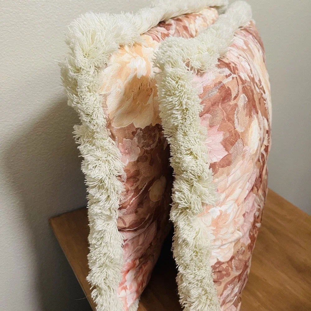 Vintage Peony Floral Jacquard Tapestry Fringe Pillows Beige Multi Cottage Granny